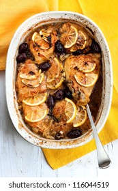 Baked Lemon Chicken With Onions, Thyme And Black Olives.  Delicious!