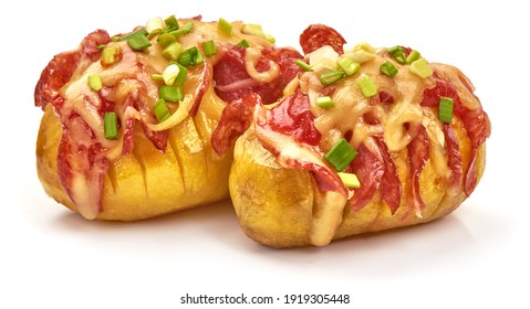 Baked Loaded Potatoes With Cheese, Isolated On White Background.