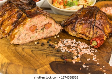 Baked Minced Meat With Chili Spices And Sausage. Making Classic Meatloaf With Ground Beef. Tasty Baked Turkey Meatloaf With Bacon On Wooden Board.