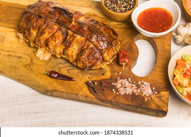 Baked Minced Meat With Chili Spices And Sausage. Making Classic Meatloaf With Ground Beef. Tasty Baked Turkey Meatloaf With Bacon On Wooden Board.