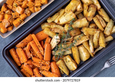 Baked Parsnip, Carrot And Sweet Potato. Roasted Root Vegetable Top View Closeup.