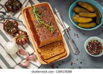 Baked Pate With Green Lentils On A Wooden Tray