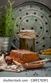 Baked Pate With Green Lentils On A Wooden Tray