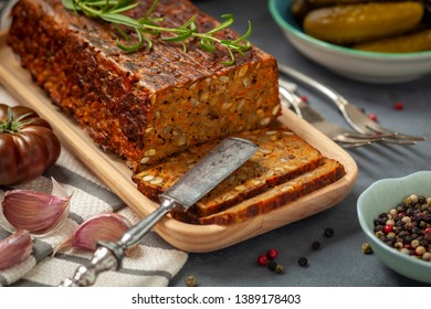 Baked Pate With Green Lentils On A Wooden Tray