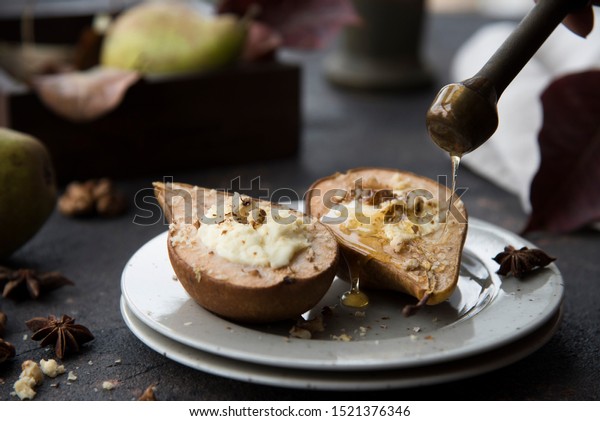 Baked Pears Ricotta Cottage Cheese Spices Royalty Free Stock Image