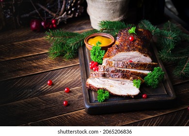 Baked Pork Belly With Herbs. Boiled Pork. Festive Christmas Table.