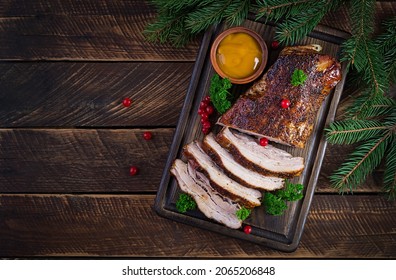 Baked Pork Belly With Herbs. Boiled Pork. Festive Christmas Table. Top View, Overhead