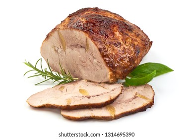 Baked Pork Ham With Slices With Herbs, Close-up, Isolated On White Background.