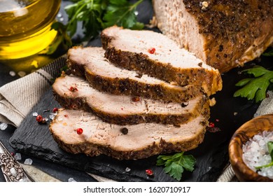 Baked Pork Meat, Glazed Ham On Black Slate Seerving Board.