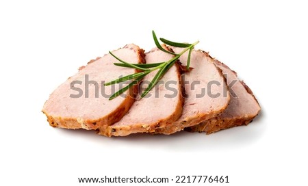 Baked Pork Slices Isolated. Roasted Sliced Loin, Tenderloin Ham Pieces, Baked Meat Fillet Slices on White Background
