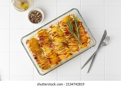 Baked Potato With Cream, Ham And Rosemary. Potato Casserole. Step-by-step Recipe. Top View, Tile White Background