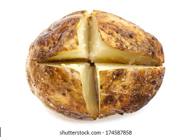 Baked Potato Cut Ready For Stuffing.  Isolated On White, Top View.