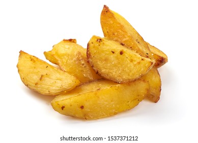 Baked Potato Wedges, Fried Potatoes, Isolated On White Background.