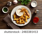 Baked potato wedges with sauce over wooden background. Top view, flat lay