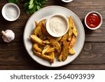 Baked potato wedges served with dipping sauce on wooden background. Top view, flat lay