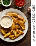 Baked potato wedges served with sauce on wooden table. Top view, flat lay