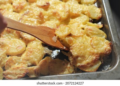 Baked Potatoes With Cheese On A Baking Sheet. Fresh Potato Gratin For Family Dinner. Vegetarian Food For Holiday Celebration. Close Up View