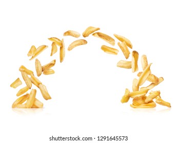 Baked potatoes fall down on a piles, isolated on a white background