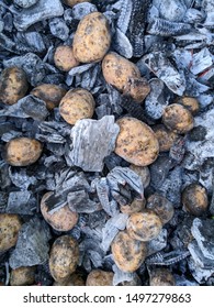 Baked Potatoes In The Hot Coals In A Camp Fire. Top View