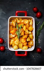 Baked Potatoes With Spices And Rosemary, Top View