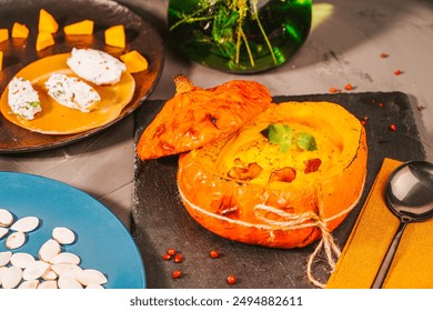 Baked pumpkin with soup, carrot and pumpkin puree with mushrooms, chanterelles and mint on a black plate and cottage cheese balls with peppers and herbs on a gray background. High quality photo - Powered by Shutterstock