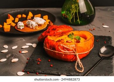 Baked pumpkin with soup, carrot and pumpkin puree with mushrooms, chanterelles and mint on a black plate and cottage cheese balls with herbs on a pacaika on a gray background. High quality photo - Powered by Shutterstock