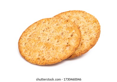 Baked round cracker chips isolated on white background. Wheat cracker chips isolated on white background. Whole wheat cracker isolated on white background with clipping path - Powered by Shutterstock