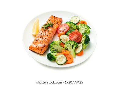 Baked Salmon Fillet With Broccoli And Vegetables Mix Isolated On White Background	