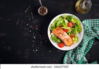 Baked Salmon Fillet With Fresh Vegetables Salad. Top View, Overhead