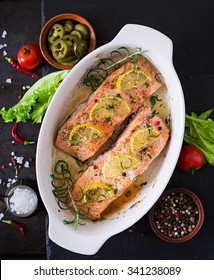 Baked Salmon Fillet With Rosemary, Lemon And Honey. Top View