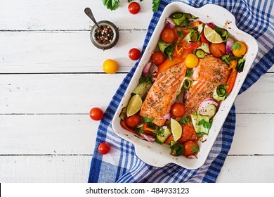 Baked Salmon Fillet With Vegetables. Top View