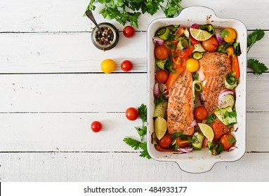 Baked Salmon Fillet With Vegetables. Top View