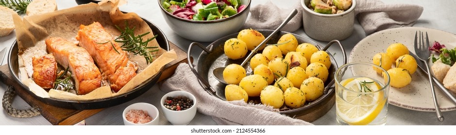 baked salmon with potatoes, panorama
