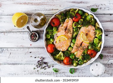 Baked Salmon Steak With Vegetables. Diet Menu. Top View
