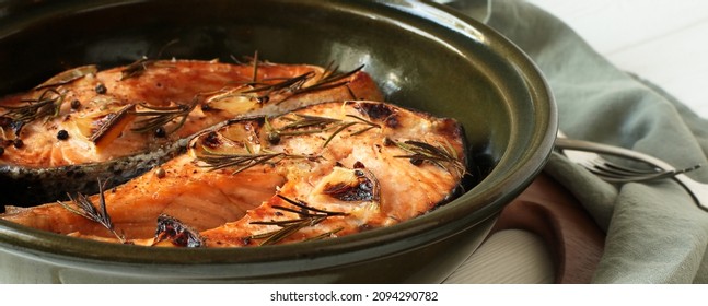 Baked Salmon Steaks On A Baking Sheet Close-up