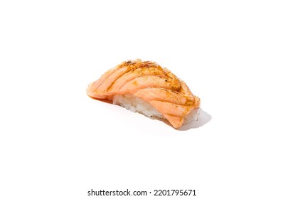 Baked Salmon Sushi Isolated On White Background. Simple Sushi With Fresh Salmon Fillet In Minimal Style. Japanese Food - Susi With Burnt Salmon And Rice. Nigiri Sushi With Fish