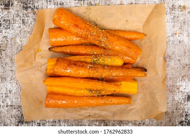 Baked Season Carrot Sticks. Vegetarian Healthy Food. Flat Lay, Top View.