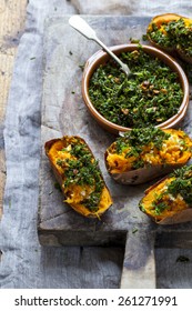 Baked Sweet Potato With Crispy Kale, Walnuts And Feta Cheese