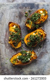 Baked Sweet Potato With Crispy Kale, Walnuts And Feta Cheese