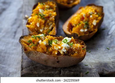 Baked Sweet Potato With Feta Cheese And Chives