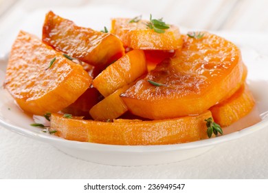 Baked Sweet Potato Wedges With  Thyme. Selective Focus