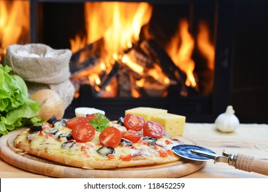 baked tasty pizza  near wood oven