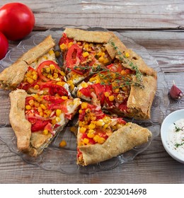 Baked Tomato Corn Galette Wooden Background Square