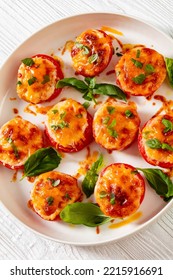 Baked Tomatoes With Mozzarella, Cheddar And Parmesan, Cheesy Oven Roasted Tomatoes With Basil On White Platter