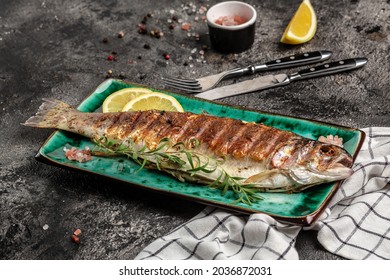 Baked Trout Fish, Grilled Trout Barbeque With Lemon, Healthy Eating Concept. Banner, Menu, Recipe Place For Text, Top View,