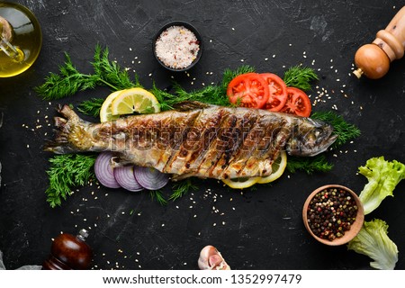 Baked Trout with Vegetables. Top view. Free space for your text. Rustic style.