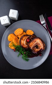 Baked Turkey Roll, American Dish Turkey Roll Close-up Table Set Top View, Flat Lay