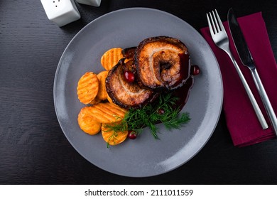 Baked Turkey Roll, American Dish Turkey Roll Close-up Table Set Top View, Flat Lay