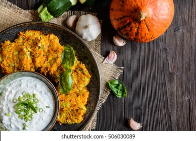 Baked Vegetable Pancakes With Pumpkin And Zucchini, Served With Sour Cream Dip