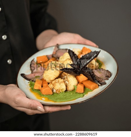 Baked vegetables with meat on plate in hands of woman. Baked cauliflower, beef pieces, pumpkin. Dish is garnished with basil leaf and sauce. Side view. Black background. Copy space. 